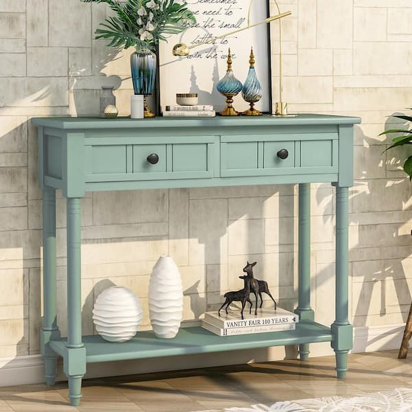 Qualler 36 in. Rectangle Retro Blue Wood Console Table with 2-Drawers ...