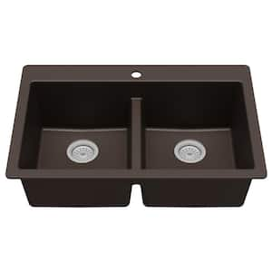 Brown Quartz/Granite 33 in. 50/50 Double Bowl Composite Drop-in Kitchen Sink