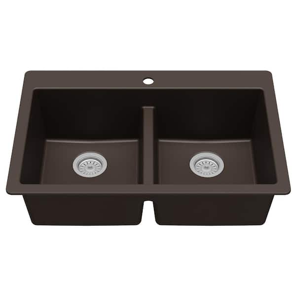 Brown Quartz/Granite 33 in. 50/50 Double Bowl Composite Drop-in Kitchen Sink