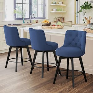 Rowland 26.5 in Seat Height Navy Blue Upholstered Fabric Counter Height Solid Wood Leg Swivel Bar stool（Set of 3）