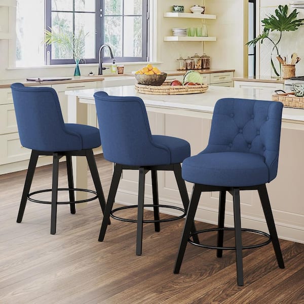 Rowland 26.5 in Seat Height Navy Blue Upholstered Fabric Counter Height Solid Wood Leg Swivel Bar stool（Set of 3）