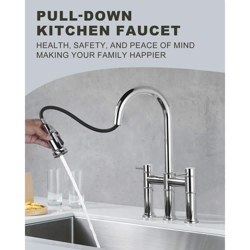 Polished Chrome Double Handle Bridge Kitchen Faucet with Pull Down Sprayer