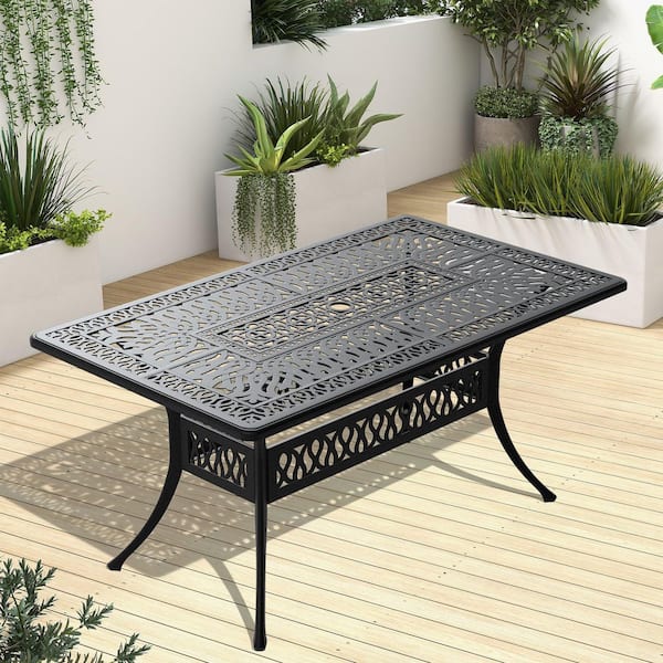 58.27 in. Cast Aluminum Patio Dining Table with Umbrella Hole