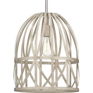 Chastain Collection 1-Light Brushed Nickel Bleached Oak Basket Farmhouse Pendant Light