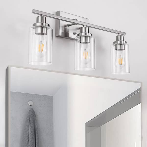 24 in. 3-Light Brushed Nickel Vanity Light Fixtures for Bathroom with Clear Glass Shades for Powder Room Dressing Room