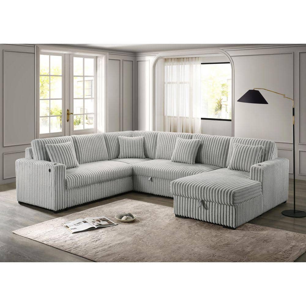 Jeniel 95 in W. Straight Arm 3-Piece Velvet Corduroy L-Shape Sectional Sofa in Light Grey Color