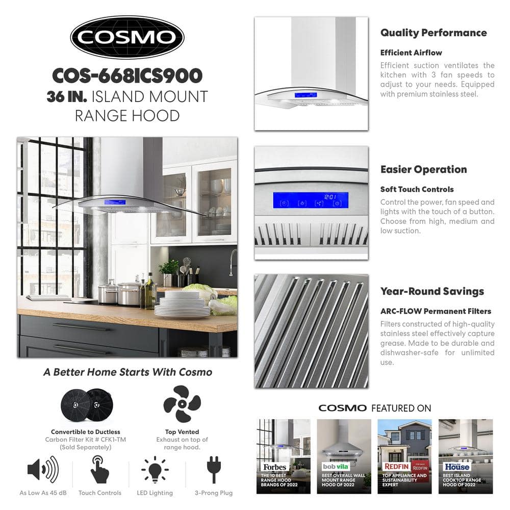 Cosmo 36" Stainless Steel Convertible Island Range Hood with Charcoal Filter