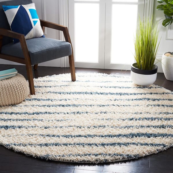 Venus Shag 7 ft. x 7 ft. Round Ivory/Turquoise Solid Color Striped Area Rug