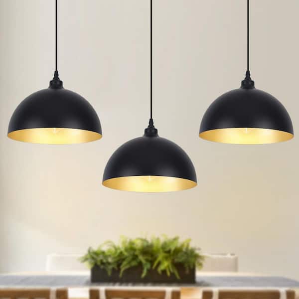 3-Light Black Dome Pendant Light Fixture Hanging Ceiling Chandelier with Metal Cover for Kitchen Island