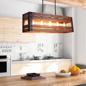 Farmhouse 5-Light Black Wood Lantern Linear Kitchen Island Pendant Light