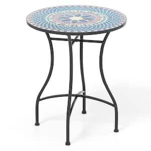Round Metal 24 Inch Outdoor Bistro Table with Ceramic Tile Tabletop Heavy-Duty Structure