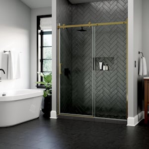 Commix 54-3/8 - 60 in. x 76 in. Exposed Roller Frameless Sliding Shower Door in Gold 5/16 in. (8mm) Clear Glass