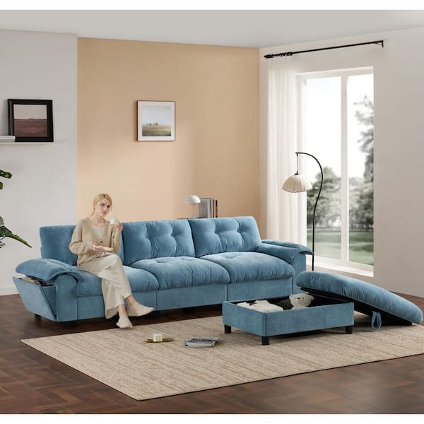 104 in. Chenille L-Shaped Sectional Sofa with Multifunctional Armrest in Light Blue