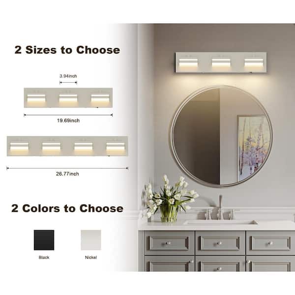 19.69 in. 3-Light Nickel LED Vanity Light with 5-CCT Adjustable Switch and Acrylic Lampshade