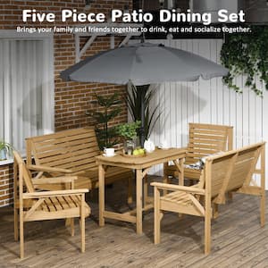 Light Brown 5-Piece Wood Outdoor Dining Set with Umbrella Hole for Backyard