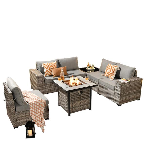 Baldwin Gray 7-Piece Wicker Wide Arm Outdoor Patio Sofa Sectional Set with Square Fire Pit and Dark Gray Cushions