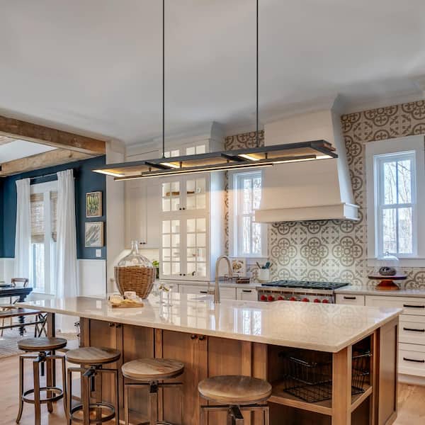 43.31 in. 5-light Wooden Linear Integrated LED Kitchen Island Pendant Light Chandelier with Rectangle LED Accents
