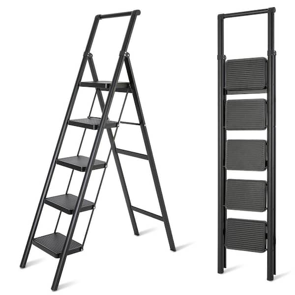 Black Metal Foldable Non-Slip 5-Step ladder 5 ft. Reach, Load-Bearing 330 lbs., Suitable For Home Office Step Ladder
