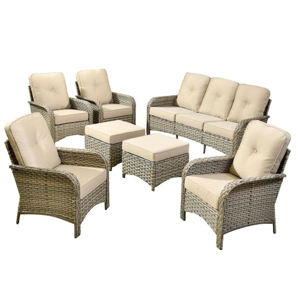 Ruby 7-Piece Wicker Modern Outdoor Furniture Patio Conversation Sofa Set with Beige Cushions