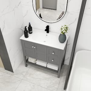 35.60 in. W x 18.10 in. D x 35.10 in . H Freestanding Bath Vanity in Grey with Drawers and White Cultured Marble Top