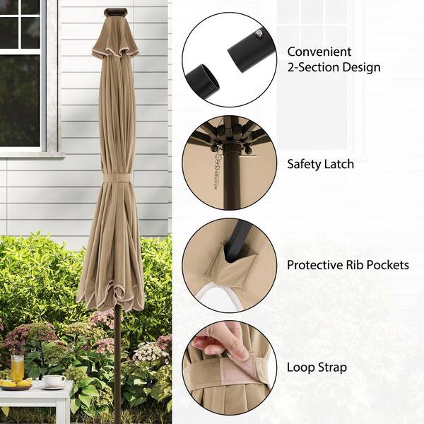 10 ft. Steel Market Solar Patio Umbrella with Crank Tilt Adjustment and 24 LED Lights in Coffee