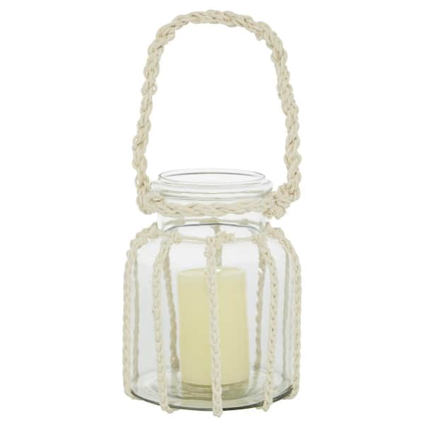 Litton Lane 8 in. H Clear Glass Decorative Candle Lantern with Rope Handle