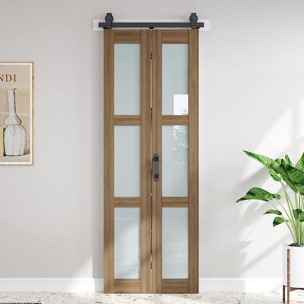 30 in. x 84 in. 3-Lite Tempered Frosted Glass Solid Core MDF Wood Brown Finished Bi-Fold Door with Hardware