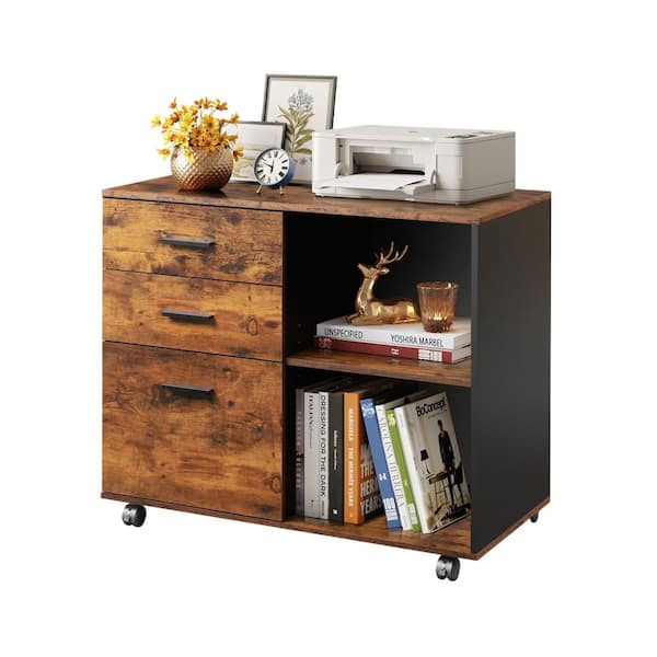 Ahfiwaso 3 Drawer Wood Lateral File Cabinet Printer Stand with Open Shelves Heavy Duty Mobile Storage Rustic Brown
