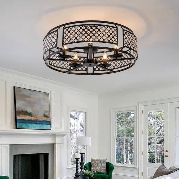 JC TOPA Modern 26.7 in. 5-Light Matte Black Crystal Semi-Flush Mount