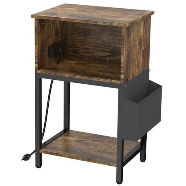 Oumilen 15.75 in. Rustic Brown Wood End Table, Side Table with USB Ports and Outlets, Nightstand