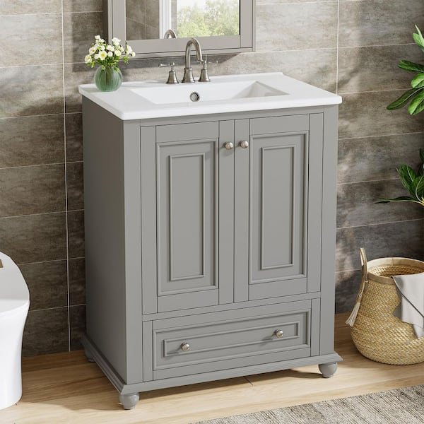 24 in. Single Sink Freestanding Gray Bath Vanity with White Cultured Marble Top