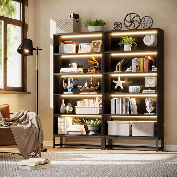 71 in. Tall Black 5-Shelves Standard Wooden Bookcases with Open Storage and LED Strips