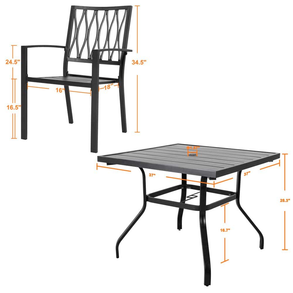 Modern Black Iron 5-Piece Outdoor Dining Set with Square Table