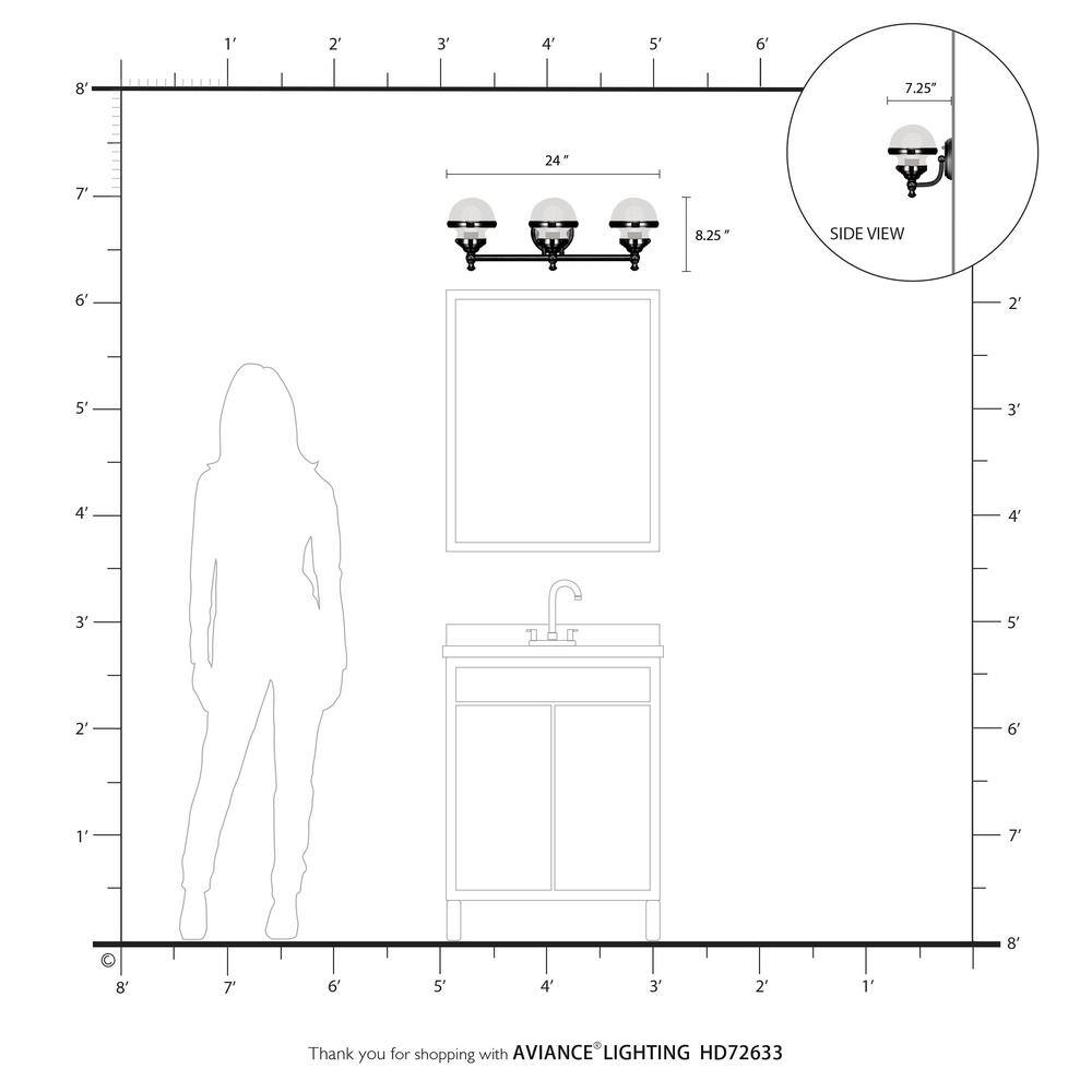 Polished Black Chrome 3-Light Vanity with Hand Blown Clear Glass