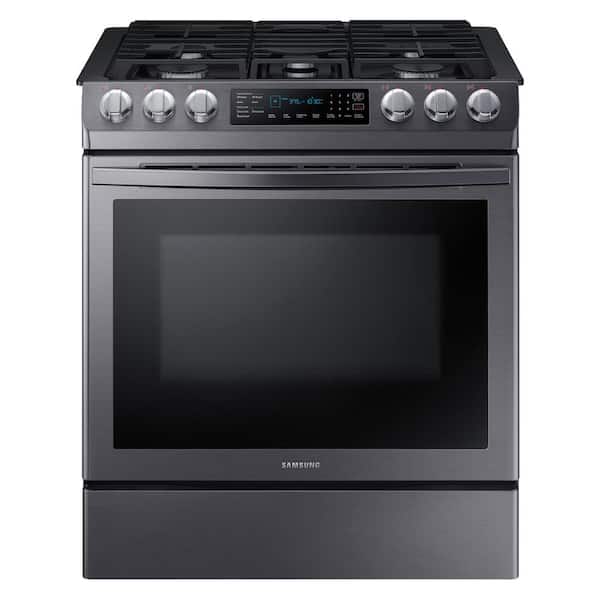 Samsung 30 in. 5.8 cu. ft. Single Oven Slide-In Gas Range with Self-Cleaning and Fan Convection Oven in Black Stainless Steel