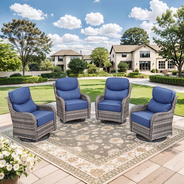 NovaSwivel 4-Person Gray Wicker Outdoor Glider Patio Swivel Rocking Chair Set with CushionGuard Blue Cushions