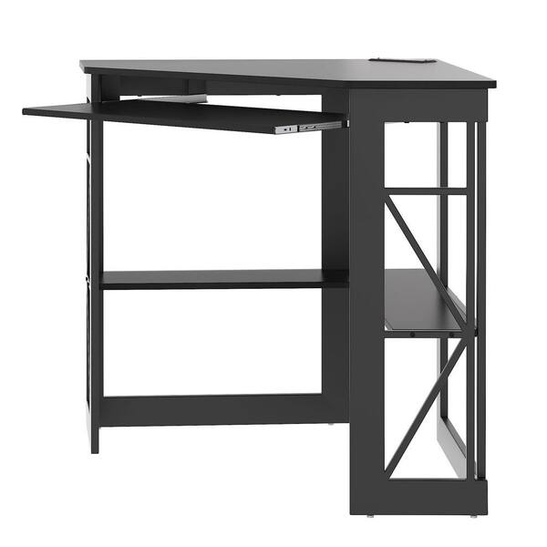 VECELO - Corner Computer Desk with Built-In Charging Station, Keyboard Tray and Storage Shelves, 41 in. Triangle Table, Black
