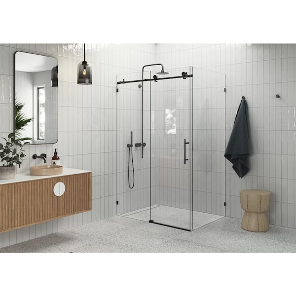 Glass Warehouse 52 in. W x 78 in. H Rectangular Sliding Frameless Corner Shower Enclosure in Matte Black with Clear Glass