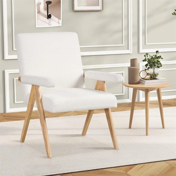 Costway Beige Fabric Mid-Century Modern Accent Arm Chair with Solid Rubber Wood Frame and Padded Armrests