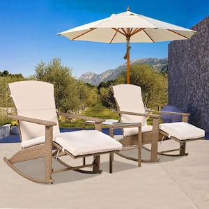Adjustable Wicker Outdoor Rocking Chair with Cushions in Beige, Coffee Table for Backyard, Garden, Poolside