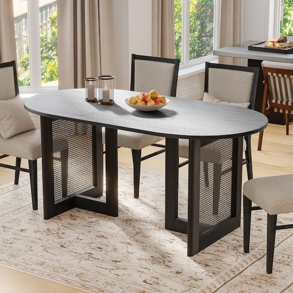 Lirago Oval Black Color Oak Wood 67 in. Double Pedestal Dining Table Seats 6