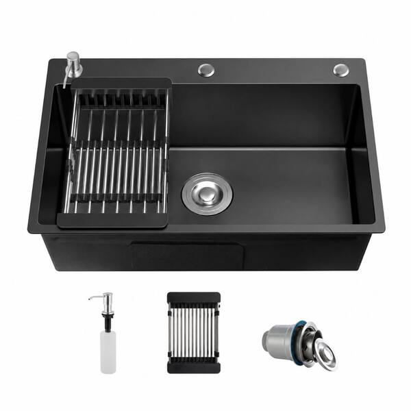 23.6 in. Drop-In Single Bowl 16 Gauge Black Stainless Steel Workstation Kitchen Sink with Accessories