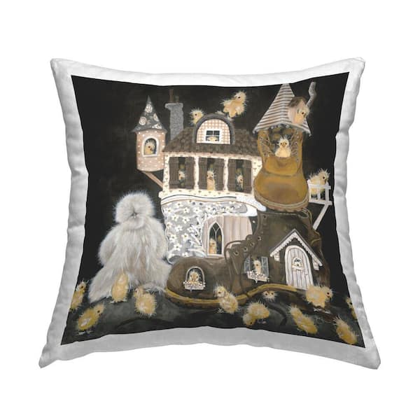 Stupell Industries Chicks in Shoe House Brown Print Polyester 18 in. x 18 in. Throw Pillow
