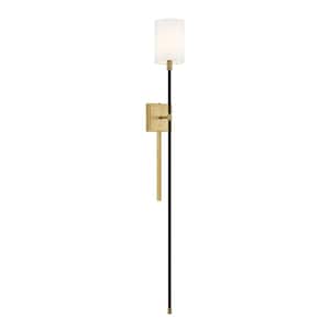 5 in. W x 49 in. H 1-Light Black with Natural Brass Accents Wall Sconce with White Linen Fabric Shade