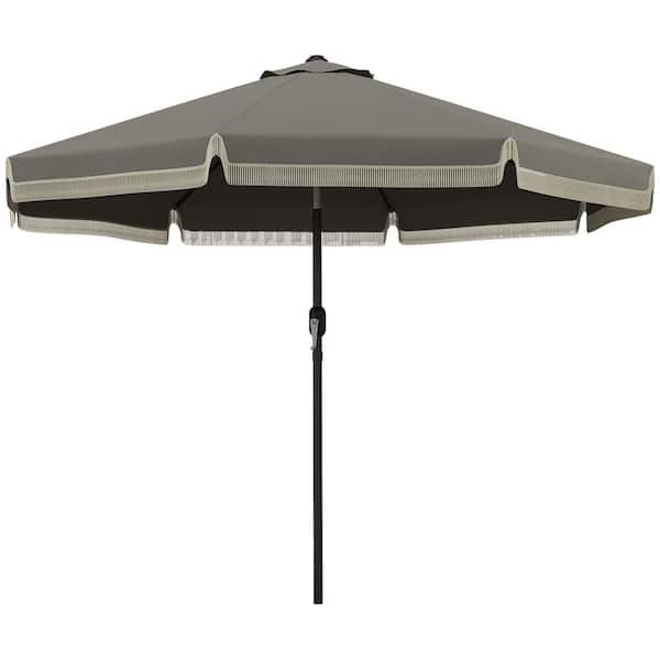 Otryad 9 ft. Patio Umbrella with Push Button Tilt and Crank, Outdoor Market Table Umbrella with Tassles and 8 Ribs-Dark Gray