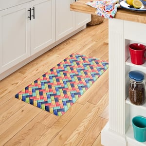 20 in. x 39 in. Red and Blue Party Herringbone Tile Modern Anti Fatigue Indoor Kitchen Mat