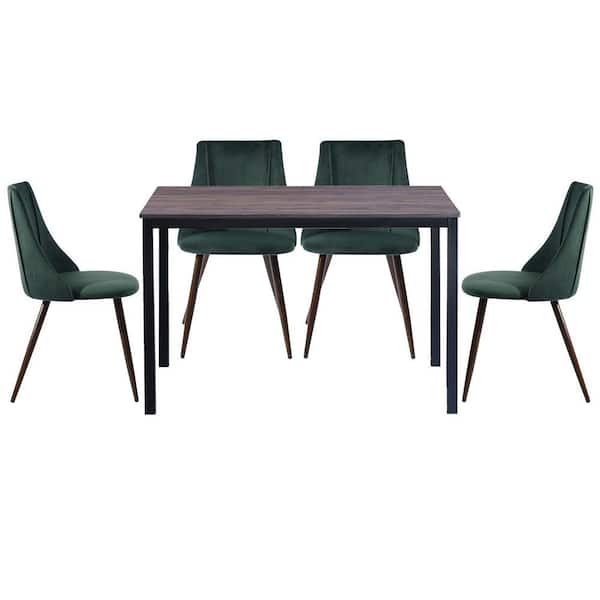 Homy Casa Brandt Smeg Green 5-Pieces Rectangle MDF Walnut Top Dining Table Chair Set with 4-Upholstered Dining Chair