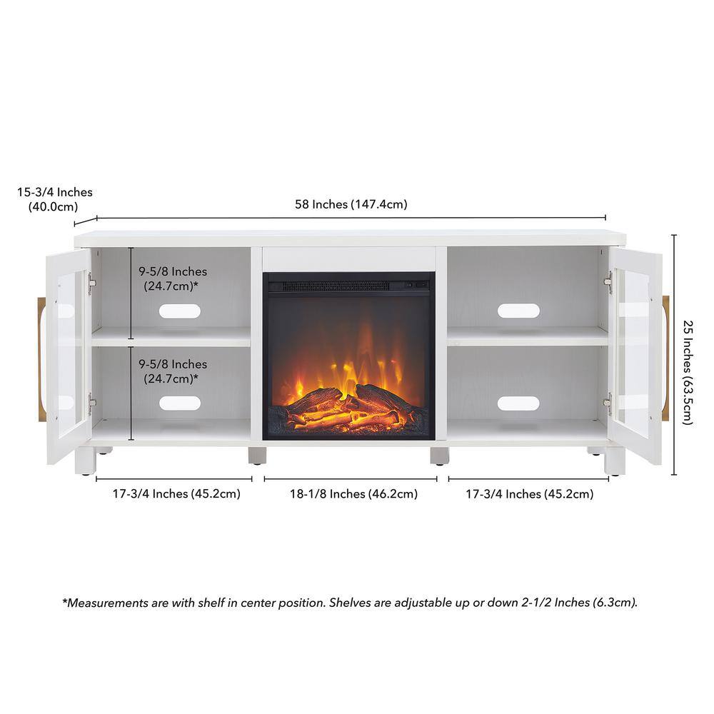 Elegant White 58" TV Stand with Integrated Fireplace and Storage Cabinets