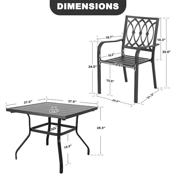 Black 5-Piece Metal Square Outdoor Dining Set with Umbrella Hole and 4 Stackable Chairs