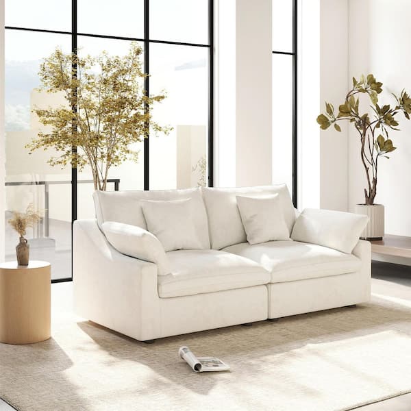 82.68 in. W Square Arm Linen Upholstered Rectangle 2-Seater Sofa in White